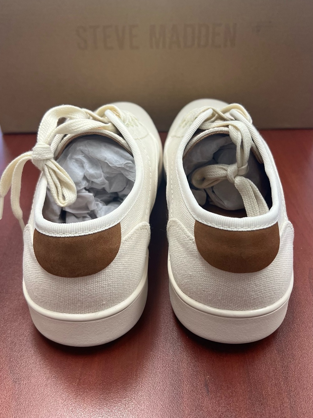 Steve Madden Women's Cream Canvas Sneakers with Tan Heel Tab